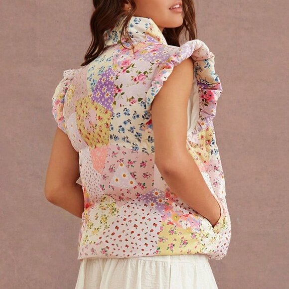 Multicolor Boho Women's Flower Print Bow Front Puffer Vest - Picture 2 of 5